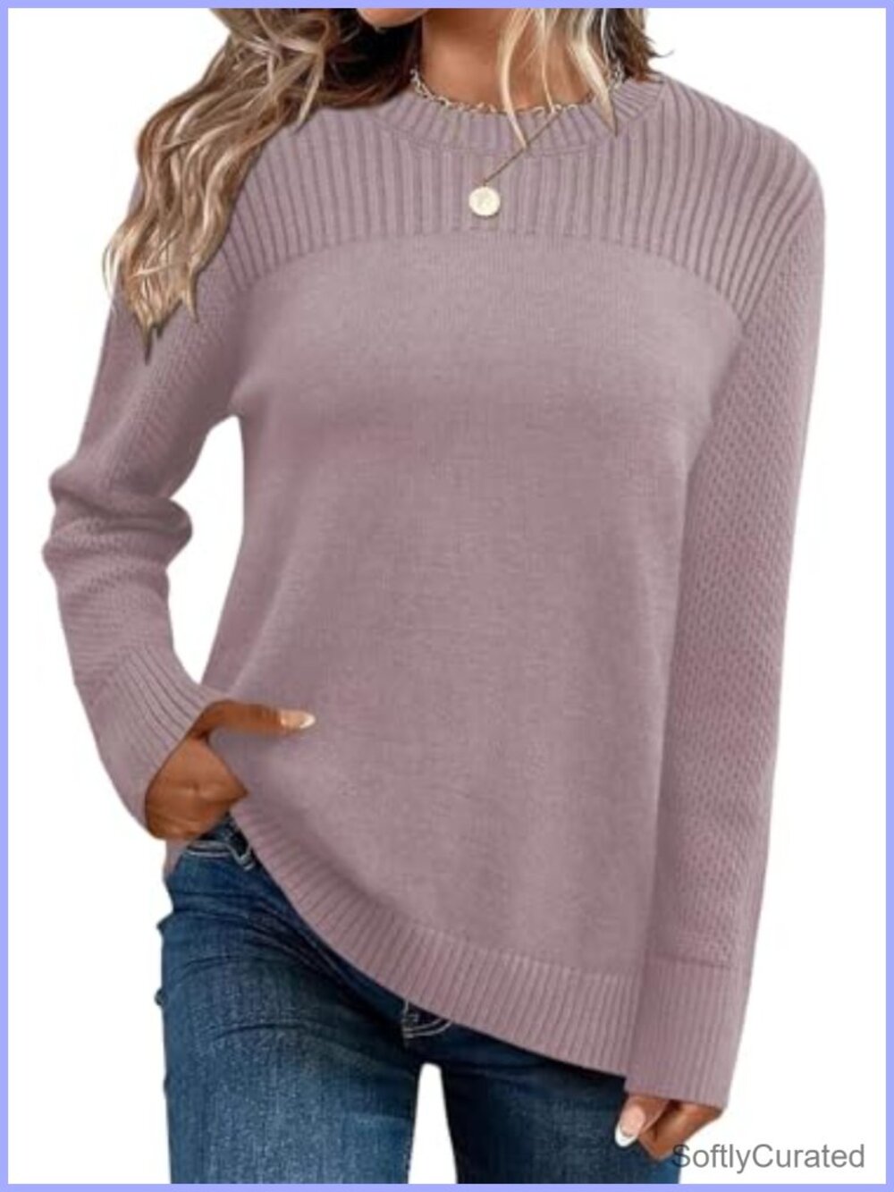 Womens Knit Pullover Sweater Long Sleeve Crewneck Honeycomb Sleeve Loose Fit